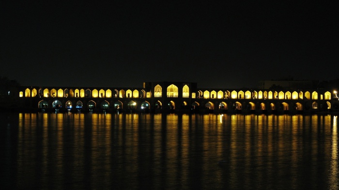 Iran, reflection, lights, architecture, bridge, river, photography, water, night