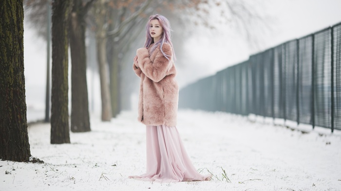 looking at viewer, snow, winter, blonde, pink hair, alone, girl