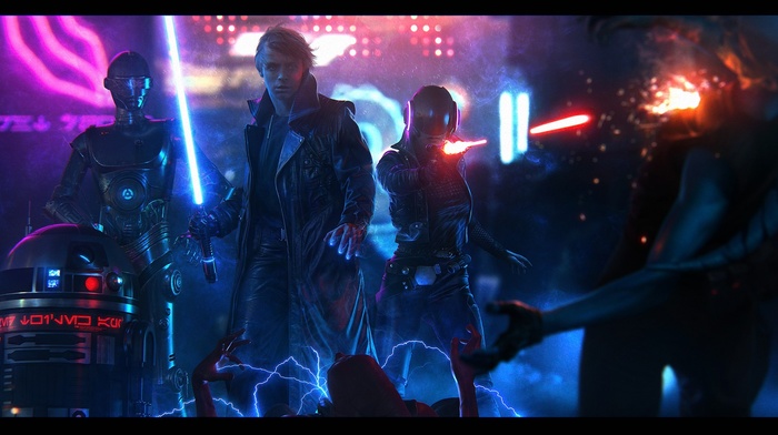 artwork, lightsaber, Luke Skywalker, Star Wars, R2, D2