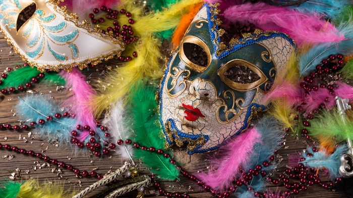 keys, feathers, wooden surface, venetian masks, colorful, pearl necklace, mask