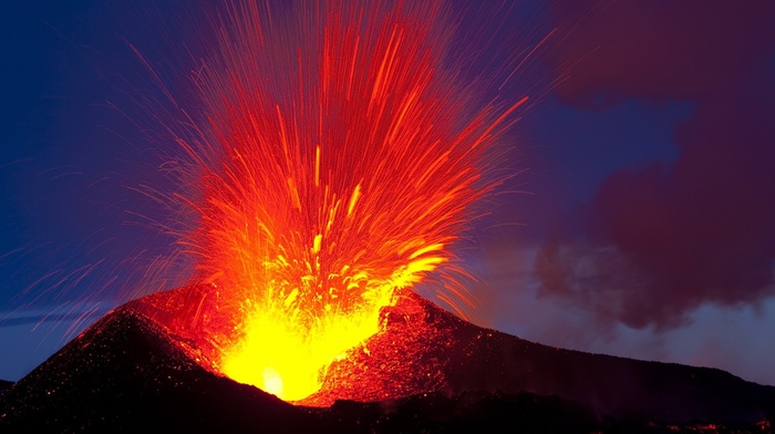 lava, volcano, landscape, explosion, long exposure, nature, clouds