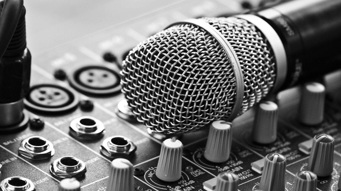 depth of field, monochrome, closeup, buttons, photography, mixing consoles, music, microphone, technology