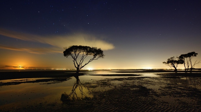 landscape, water, clouds, starry night, nature, reflection, trees, New Zealand, moonlight