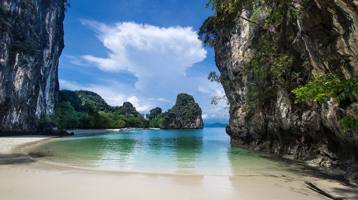 tropical, island, Eden, landscape, cliff, boat, sea, nature, sand, beach, white, rock, Thailand