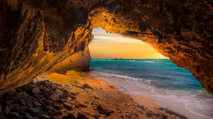 sand, sunset, sea, nature, island, beach, Turks  Caicos, rock, cave, sunlight, landscape
