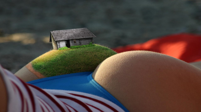 beach, sand, digital art, house, ass