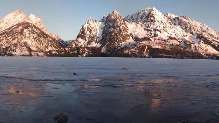 landscape, lake, ice, snow, mountains, multiple display, dual monitors, winter