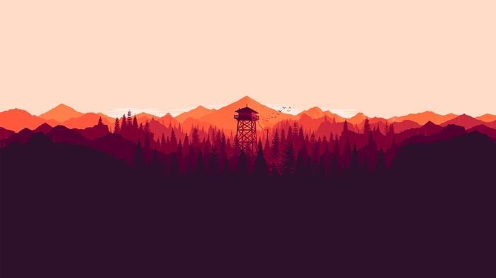 landscape, forest, illustration, digital art, colorful, video games, Olly Moss, mountains, fire lookout tower, tower, artwork, nature, minimalism, firewatch