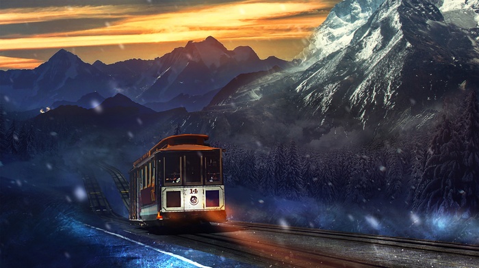 tram, Martina Stipan, vehicle, artwork, mountains