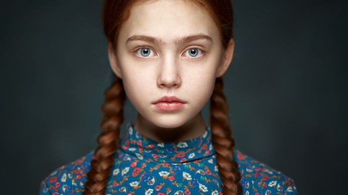 redhead, simple background, girl, pigtails