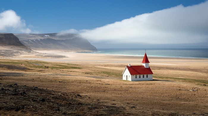 coast, sea, clouds, chapel