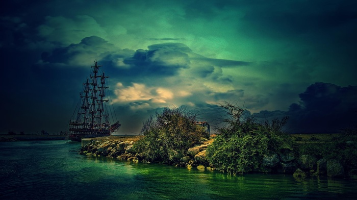 sailing ship, fantasy art, ship, sea, clouds
