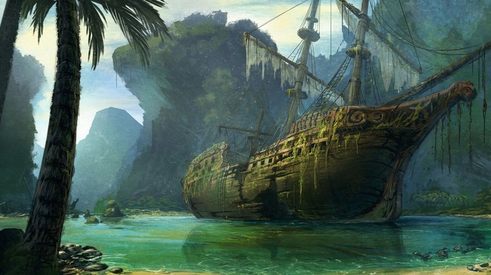 artwork, fantasy art, ship, wreck