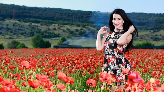 looking at viewer, girl outdoors, flowers, poppies, Lola Marron, black hair, floral, girl, dress