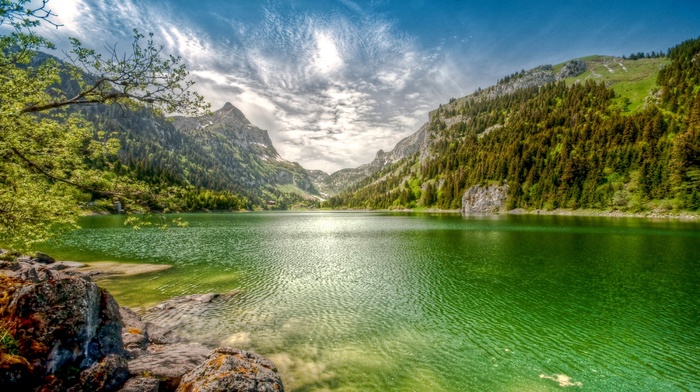 water, landscape, summer, lake, clouds, nature, mountains, Switzerland, emerald, forest