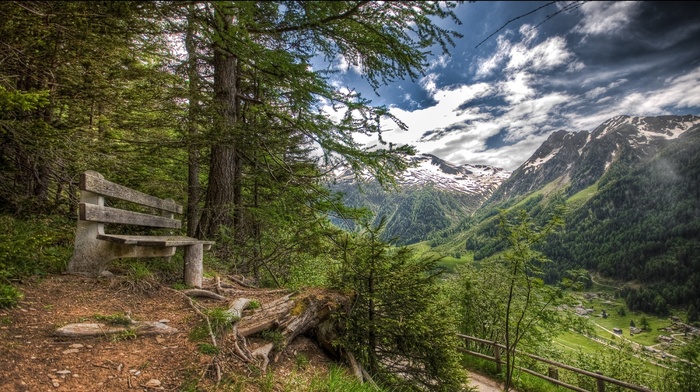Alps, village, bench, landscape, nature, forest, valley, Switzerland, mountains, snowy peak, summer