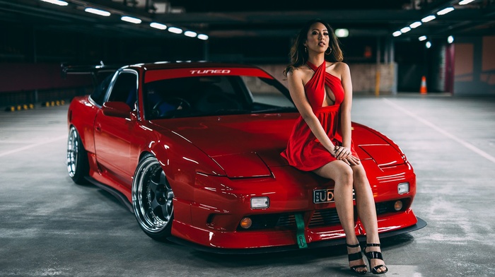 girl, vehicle, red dress, model, Nissan 240SX, car, tuning, JDM, cleavage, girl with cars, parking lot