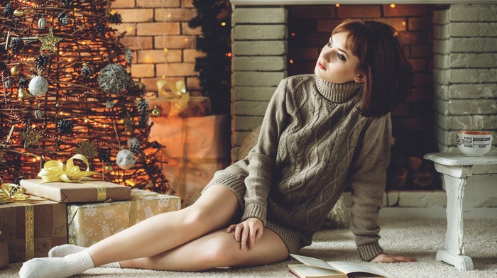 sitting, Christmas tree, Christmas, legs, girl, sweater, model