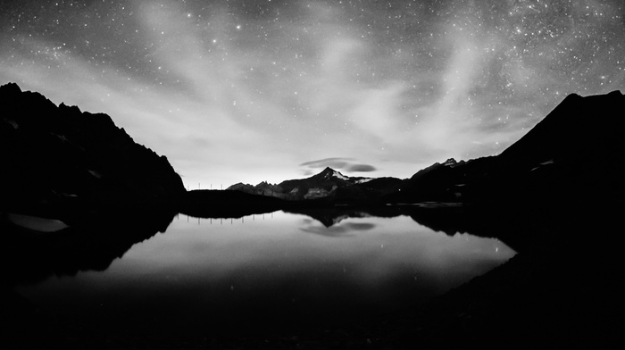 reflection, water, lake, monochrome, landscape, night, photography
