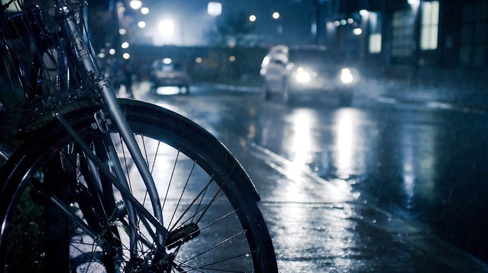 city, night, lights, photography, road, urban, street, bicycle, rain