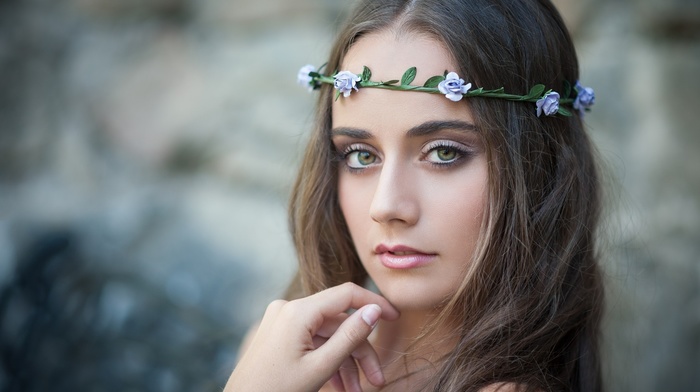 brunette, wreaths, long hair, green eyes, model, girl, looking at viewer, face, depth of field