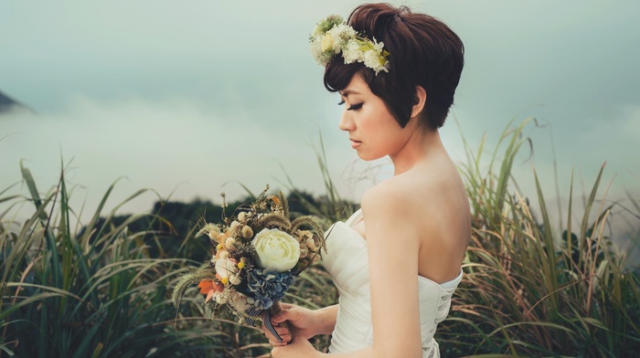 model, girl, Asian, flowers