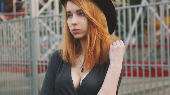 julie resh, girl outdoors, girl, depth of field, cleavage, redhead, hat, necklace, straight hair, face, model