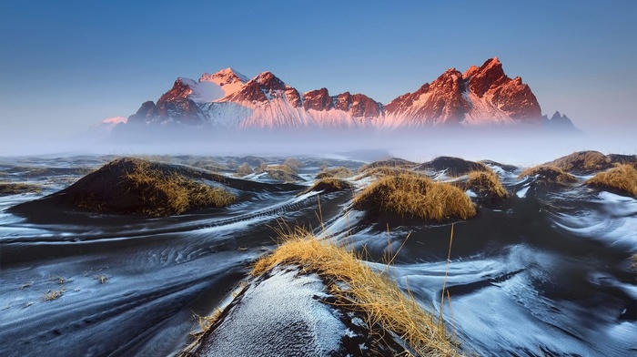 mountains, Vestrahorn, snow, morning, lava, grass, landscape, nature, Iceland, mist