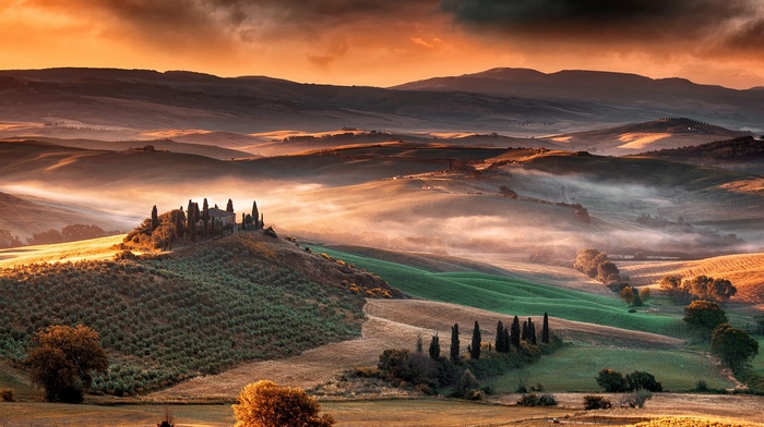 landscape, mountains, mist, valley, nature, Italy, Tuscany