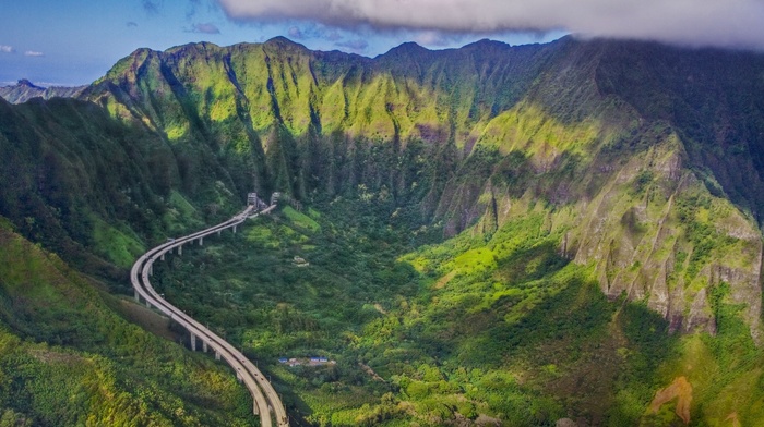 landscape, mountains, oahu, nature, forest, highway, aerial view, Hawaii