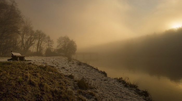 trees, dry grass, mist, landscape, bench, dock, nature, calm, atmosphere, lake, hills