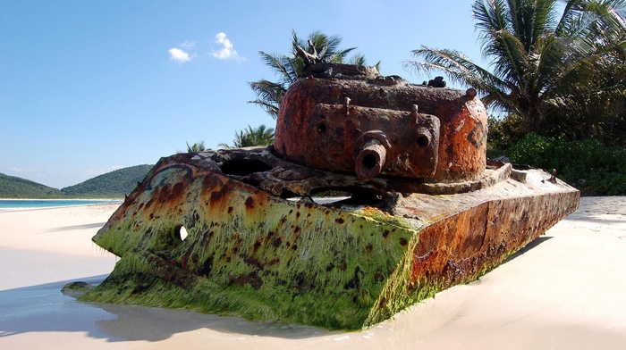 tank, rust, beach, sand, M4 Sherman