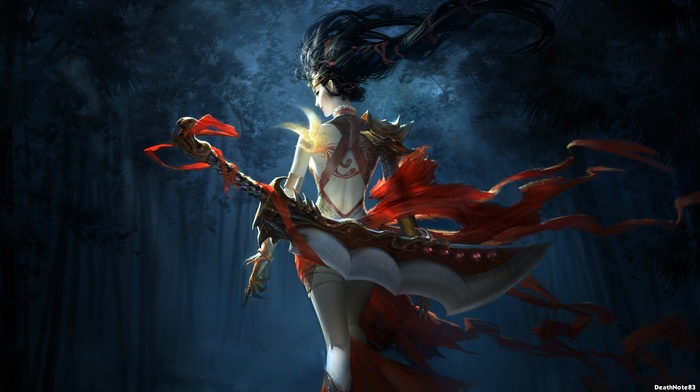 red, sword, girl, fantasy art, warrior