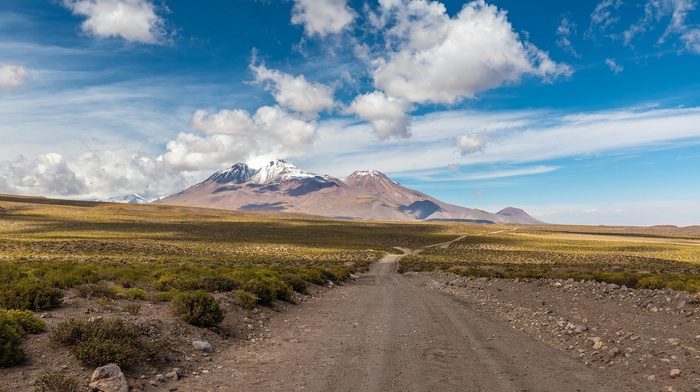 clouds, mountains, road, landscape