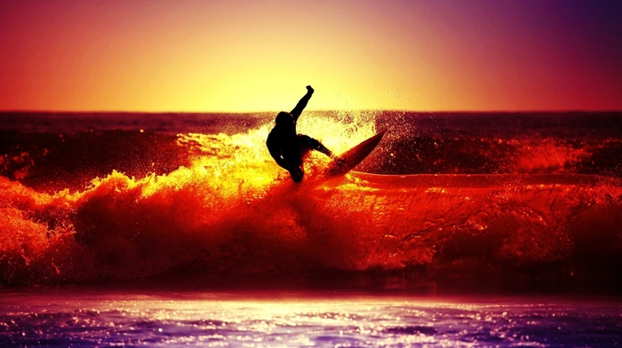 water, depth of field, sunset, photography, surfers, sea, waves