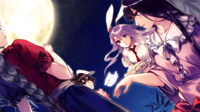 Inaba Tewi, Reisen Udongein Inaba, Yagokoro Eirin, moon, anime girls, touhou, Houraisan Kaguya, anime