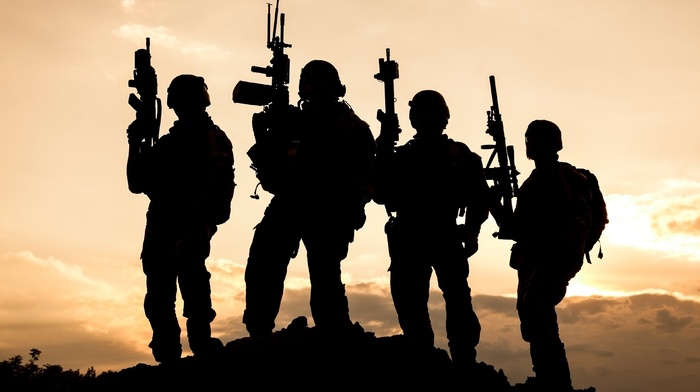 sunset, soldier, military, silhouette