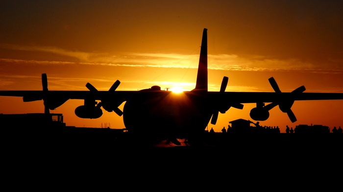 silhouette, aircraft, military aircraft, sunset, Lockheed C, 130 Hercules