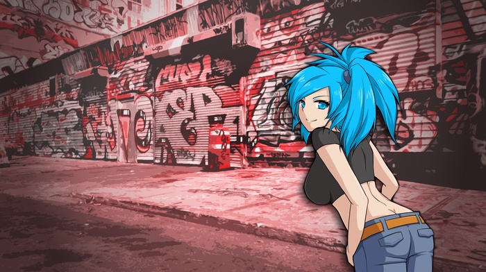 blue hair, anime girls, graffiti