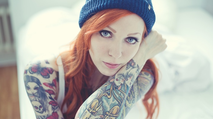 redhead, hat, tattoo, eyes, girl