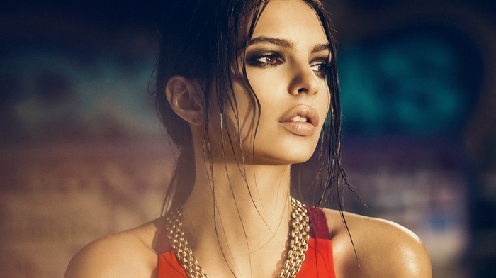Emily Ratajkowski, wet look, model, brunette, girl, face