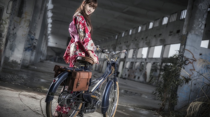 girl with bicycles, model, girl, Asian, bicycle