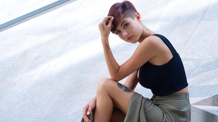 Michele Maglio, model, short hair, sitting, Giorgia Soleri, girl