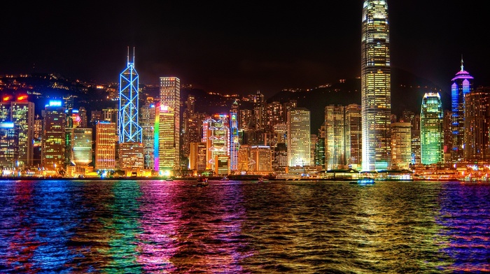 cityscape, skyscraper, Hong Kong, colorful, city, lights, water