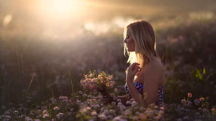 model, nature, girl outdoors, flowers, field, girl