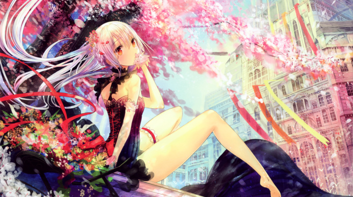 anime, barefoot, cherry blossom, anime girls