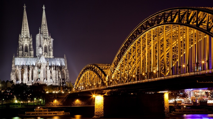 church, urban, river, lights, street light, architecture, Cologne, water, photography, Cologne Cathedral, bridge