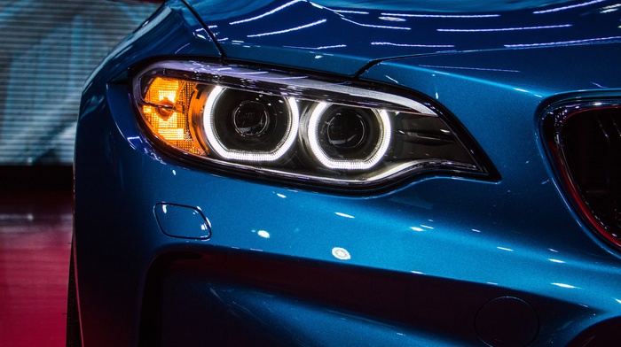 headlights, blue cars, Kidney Grille, BMW, car, M2, lines