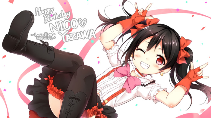 smiling, feet in the air, Love Live, anime girls, loli, looking at viewer, red eyes, bowtie, dark hair, anime, Yazawa Nico, feet, thigh, highs, twintails