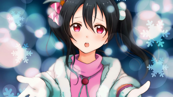 open mouth, anime, twintails, Love Live, Yazawa Nico, red eyes, winter, snow, anime girls, looking at viewer, jacket, dark hair, black hair